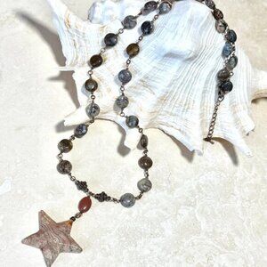 Natural Earthy Agate Star Pendant Long Necklace, Genuine Gemstone + Copper Links